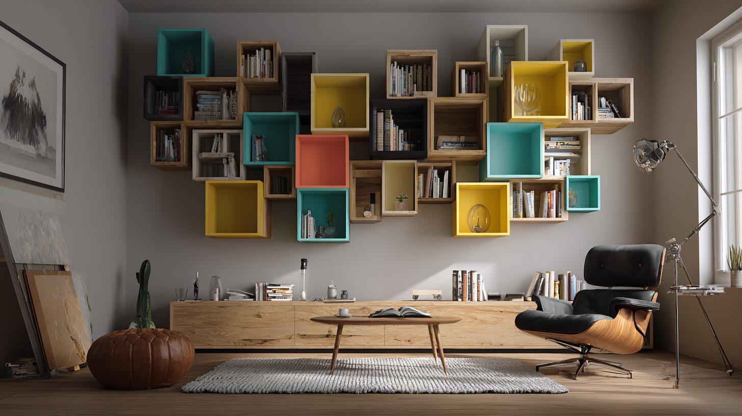 Wohnzimmer mit ChromaCube-Regalsystem, verschiedenfarbige E-Paper-Fronten